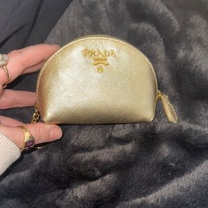 Prada Gold Saffiano Leather Coin Pouch with Chain Keyring